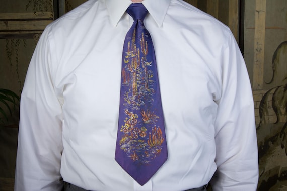 Vintage 1940s Screen Printed Satin Tie in Purple-Blue with Western Catcus Theme