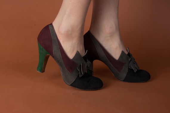 1930s Shoes - Size 6 N -  Fabulous Four Color Vintage 30s Suede Deco Heels in Burgundy, Grey, Green and Black