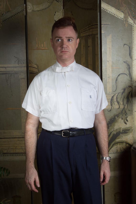 Vintage 1950s Short Sleeve Cotton Resort Shirt with Attached Bow Tie