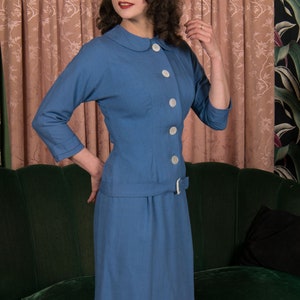 1950s Dress Set Smart 50s Day Dress Ensemble in Blue Linen with Matching Tailored Jacket with Shell Buttons and Buckle image 5