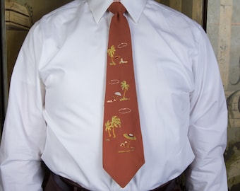 Vintage 1940 50s Hand Painted Pilgrim Necktie in Brown with Beach Going Babes