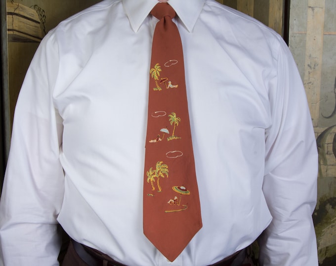 Vintage 1940 50s Hand Painted Pilgrim Necktie in Brown with Beach Going Babes
