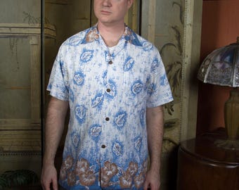 Vintage 1950s SHAHEEN Cotton Aloha Shirt AS IS Border Print Hibiscus -  Best for a Tall