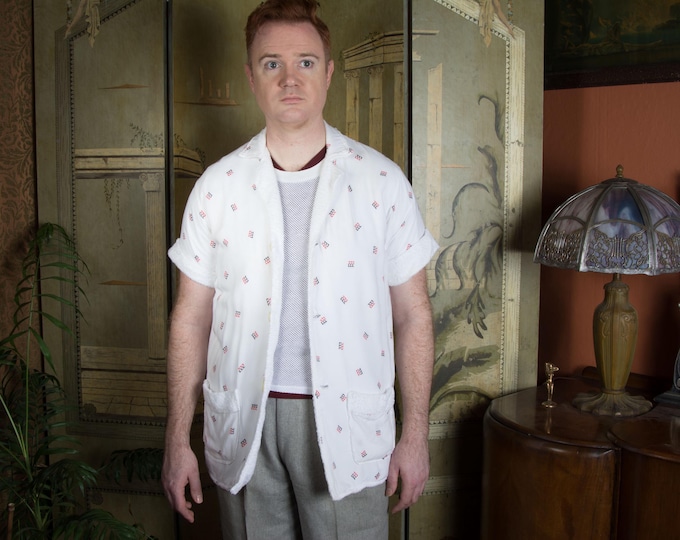 Vintage 1950s 60s Cabana Shirt in White with Black and Red Print and White Terry Cloth Lining