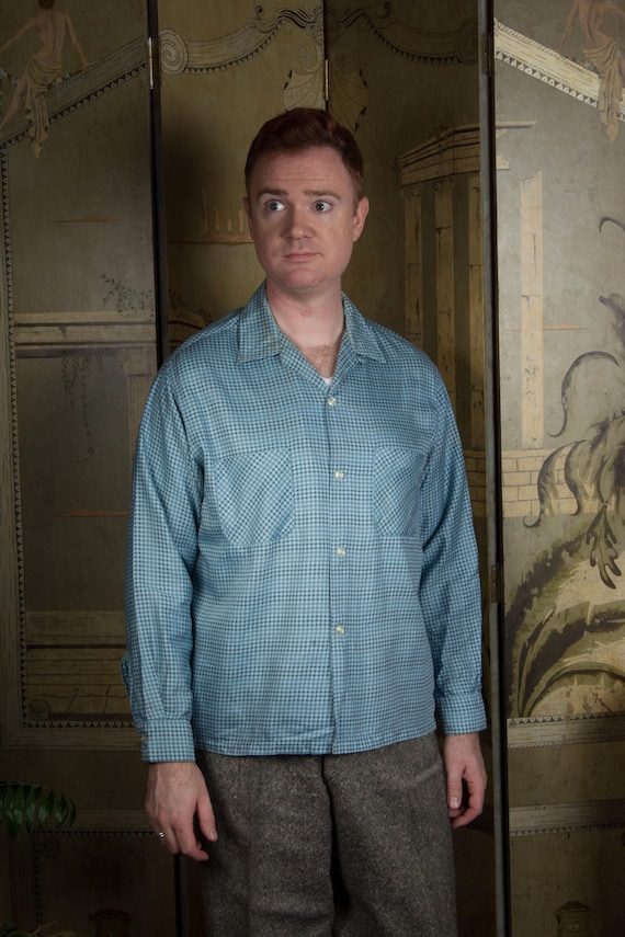 Vintage 1950s Blue and Black Cotton PELHAM Sporty Loop Collar Shirt in Cotton Sateen