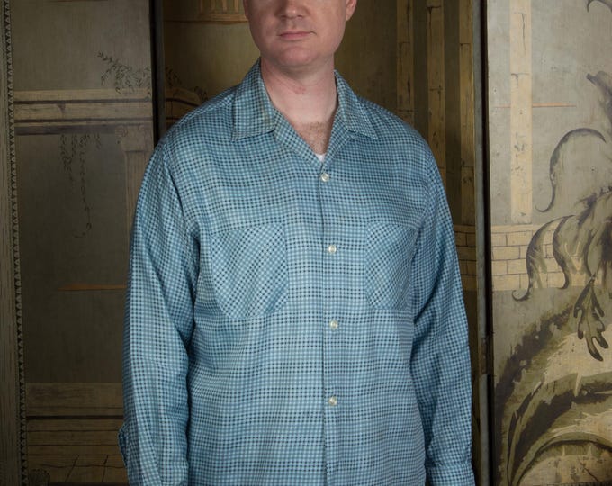 Vintage 1950s Blue and Black Cotton PELHAM Sporty Loop Collar Shirt in Cotton Sateen