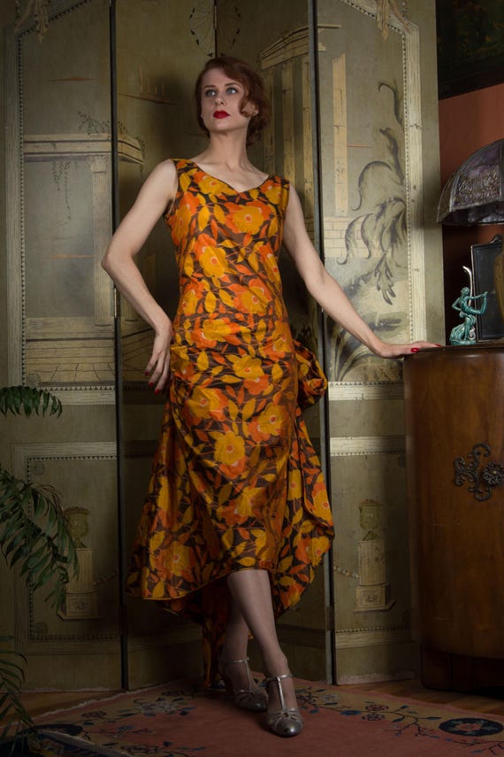 1920s Dress - Rare Antique Early 20s Drop Waist Silk Dress in Orange Watercolor Print with Asymmetric Wrapped Skirt and Sashing