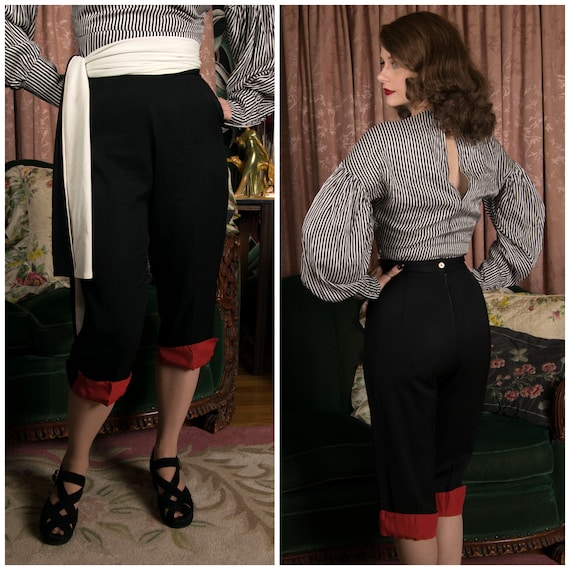 1950s Pants - Vintage 50s Black Gabardine Capri Pedal Pushers With