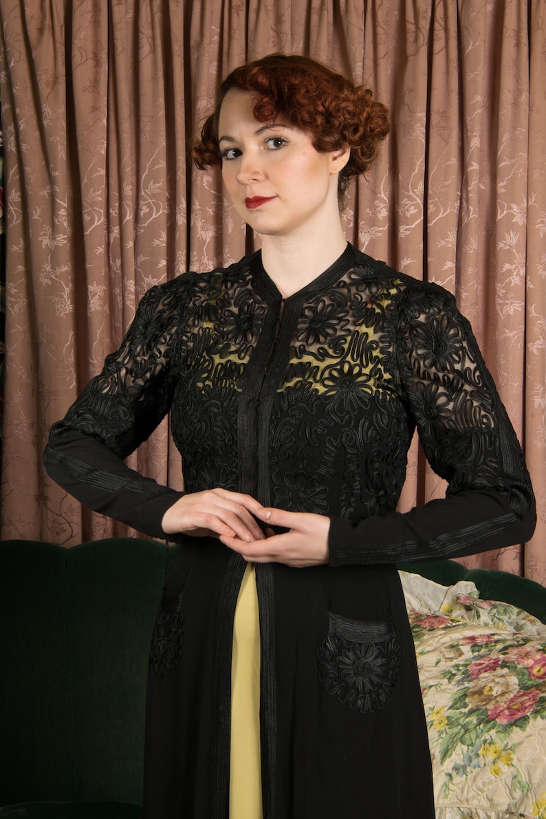 1930s Redingote Exquisite Mid to Late 1930s Vintage Evening Jacket Overdress in Lustrous Soutache Tape on Black Net and Rayon Crepe image 3