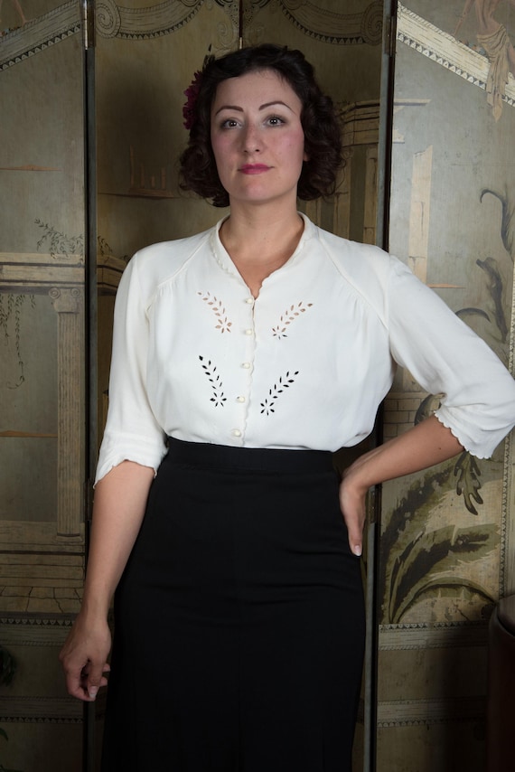 1940s Blouse - Volup Vintage 40s Ivory Crepe Tope with Eyelet Embroidery