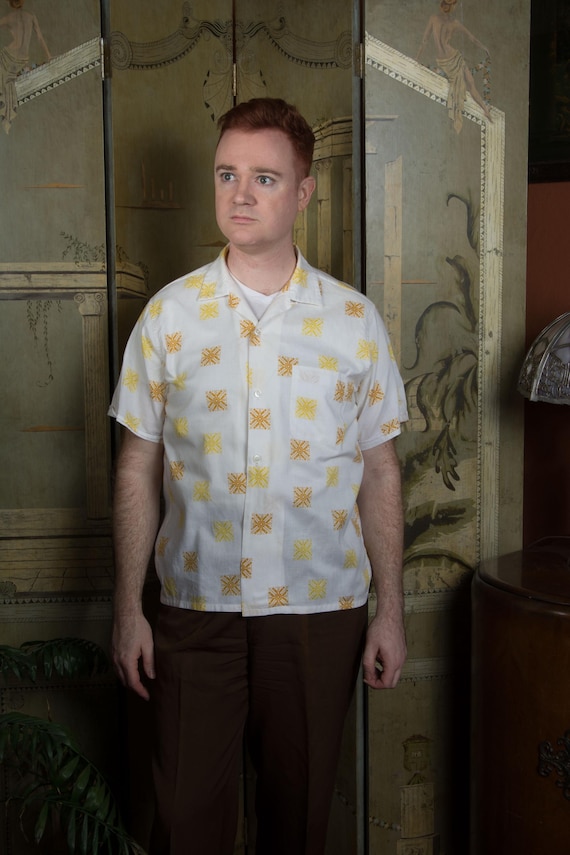 Vintage 1960s Short Sleeve Casual Button Up Loop Collar Shirt with Trompe L'oeil Print Mimicking Embroidery