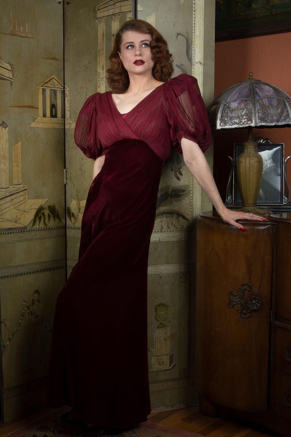 1930s Dress - Exceptional Vintage 30s Wine Red Velvet Evening Gown of Silk Velvet and Chiffon Puffed Sleeves