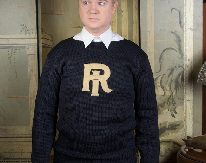 Vintage 1930s Wide Necked Heavy Wool Varsity Collegiate Letter Sweater in Black with White RI