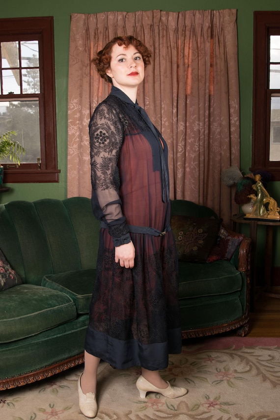 1920s Dress - Dreaming Midnight Blue Ultra Sheer Drop Waist Antique 20s Dress with Floral Machine Embroidery
