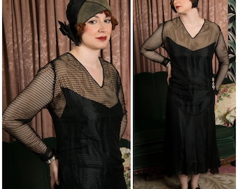 1920s Dress - Amazing Vintage 20s Fishenet Dress with Nude Illusion Yoke and Scalloped Hem