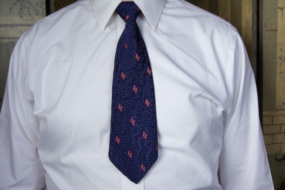 Vintage 1920s Brocade Tie in Blue with Lustrous Jacquard and Red and White Dots