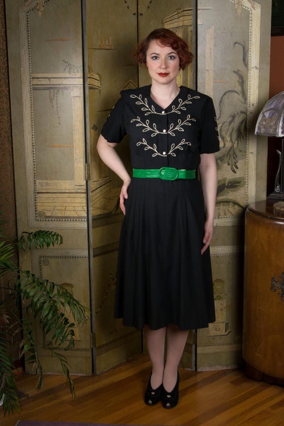 1940s Dress - Smart Vintage Late 40s Black Wool Shirt Waist Day Dress with Ivory Soutache
