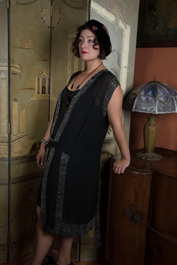 Antique 1920s Beaded Overdress -Sheer Black Silk Chiffon Flapper Cocktail Dress with Seed Beads