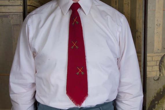 Vintage 1940s Hand Woven Wool "Indian Ties" by Sandia Weavers in Deep Red, Embroidered Arrows