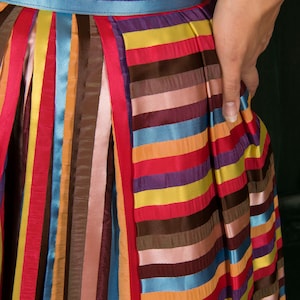 1950s Skirt Vintage 50s Lush Rainbow Striped Pleated Skirt with Wide Waistband image 3