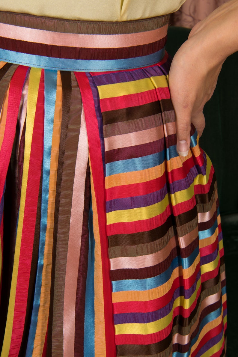 1950s Skirt Vintage 50s Lush Rainbow Striped Pleated Skirt with Wide Waistband image 3