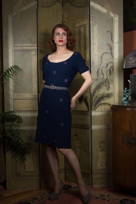 1950s Sweater Dress - Navy Blue KIMBERLY 50s Knit Dress in Wool Boucle with Ribbon Starburst Accents