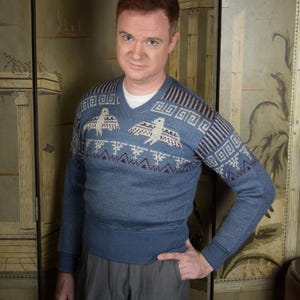 Vintage 1940s JANTZEN Wool Jacquard Novelty Sweater with Yoke of Eagles and Geometric Motifs
