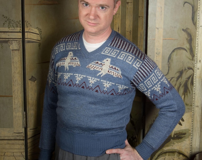 Vintage 1940s JANTZEN Wool Jacquard Novelty Sweater with Yoke of Eagles and Geometric Motifs