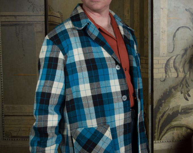 Vintage 1950s Classic Wool Plaid 49er or Chore Coat with Patch Pockets in Blue, black and Ivor