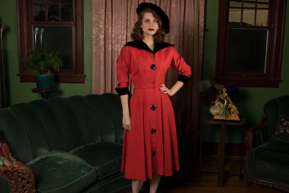 1950s Dress - Chic Red Faille Button Front Tailored Dress with Velvet Trim and Giant Buttons