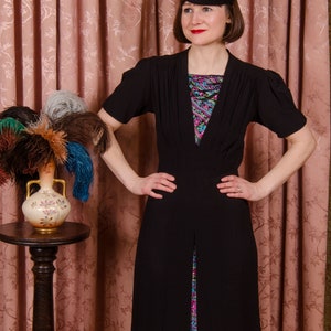 1940s Dress Striking Vintage 30s/40s Cusp Black Rayon Crepe Dress with Puff Sleeves and Printed Satin Charmeuse Insets image 3