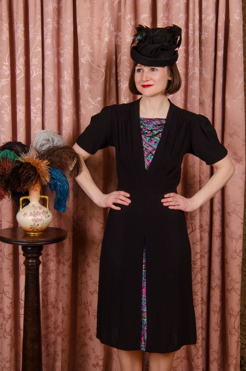 1940s Dress Striking Vintage 30s/40s Cusp Black Rayon Crepe Dress with Puff Sleeves and Printed Satin Charmeuse Insets image 3