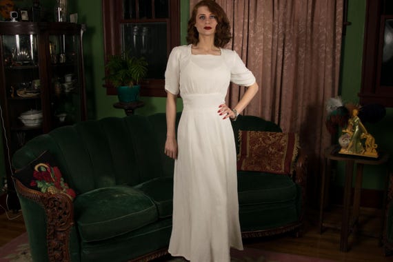 1940s Gown - Deeply Textured Dobby Crepe Vintage 40s Full Length Evening Dress with Midwaist