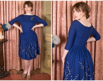 TAG SALE 1950s Dress - Chic Vintage 50s Hand Painted Day Dress made of Royal Blue Wool Jersey with Pussywillow Motif