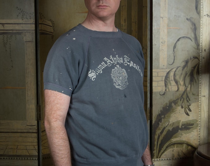 Vintage 1960s Worn Fraternity Pullover Sweatshirt Sigma Alpha Epsilon with Patina - Holes, frays, fade, stains