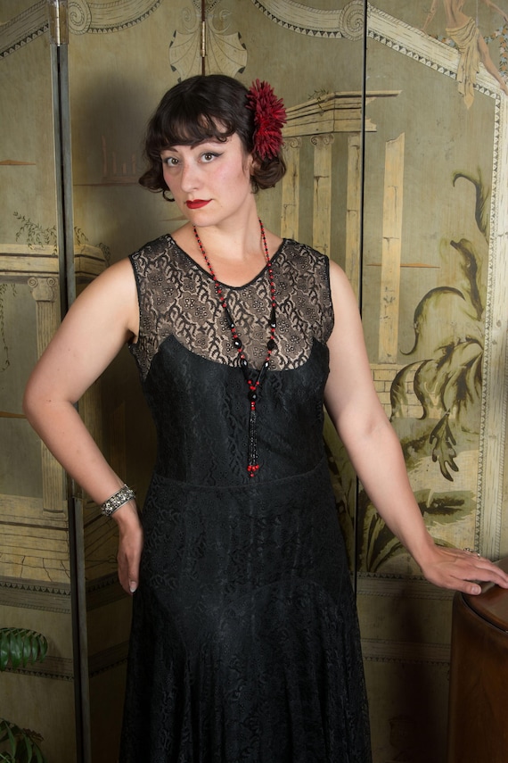 Bewitching 1930s Vintage Lace Dress in Black Lace over Nude and Black Built in Silk Slip