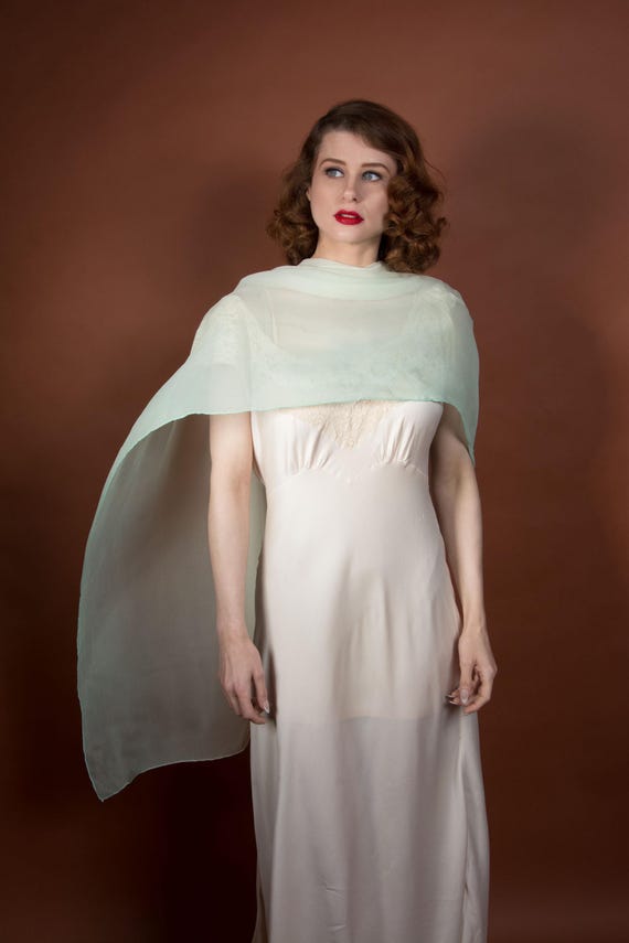 1950s Scarf - Huge Extra Large Ombre Silk Chiffon Scarf in Ivory, Mint and Seafoam Green 72" Long