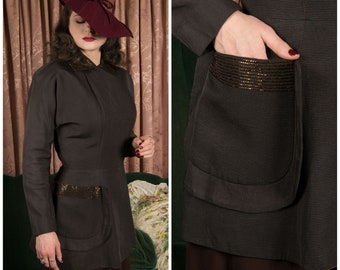 1940s Jacket - Smart Post War 40s Vintage Jacket in Brown Faille with Asymmetric Beaded Details by Helen of California