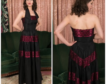 1940s Gown - Vivacious Late 40s Vintage Taffeta Halter Style Evening Gown with Inset Fuchsia Bands and Lace by Anne Verdi