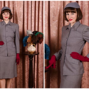 1950s Suit - Impeccably Tailored Vintage Late 40s Skirt or Early 50s Suit Made of Mens' Blue-Grey Wool Suiting