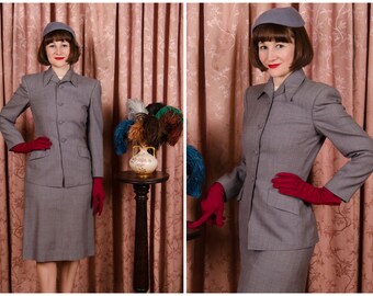 TAG SALE 1950s Suit - Impeccably Tailored Vintage Late 40s Skirt or Early 50s Suit Made of Mens' Blue-Grey Wool Suiting
