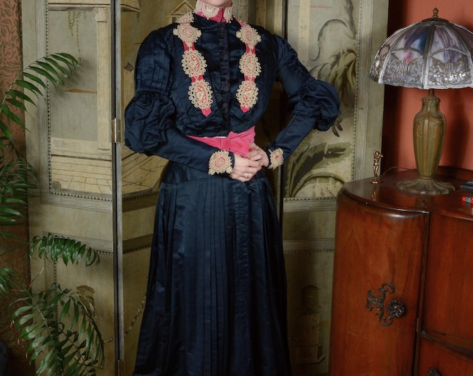 RESERVED Antique Dress - Early 1900s Blue Silk Two Piece Dress Set with Pink Velveteen and Ivory Lace Trim