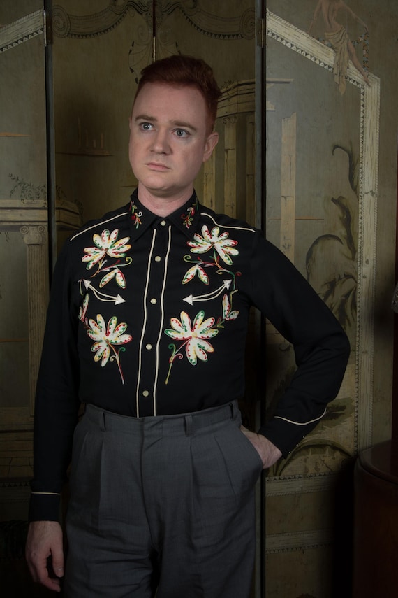 Vintage 1950s H Bar C Rayon Gabardine Embroidered Mens Western Wear Pearl Snap Shirt in Black with Multicolored Embroidery Medium 15 1/2