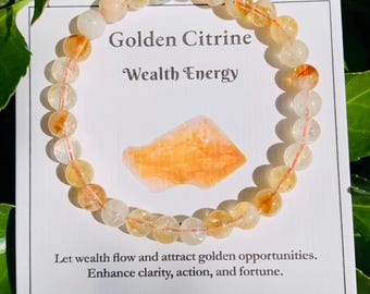 Golden Citrine Crystal Bracelet | Wealth Energy | Natural 6mm Beads | Handmade Prosperity Jewelry | Healing Crystal | Gift for Her