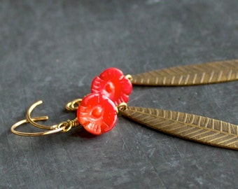 Red Coral Flower Earrings - Etched Gold Brass Leaf, Dangle Earrings, Carved Red Coral Flower, Floral Nature Garden, Metalwork Boho Jewellery