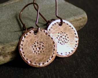 Seed Pod Earrings - Stamped Copper, Round Circle, 16mm Dangle Drop Earrings, Dark Oxidized Patina, Boho Jewellery