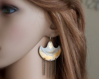 White-Wash Patina Shield Earrings – Gold Brass Chain Tassel Dangle