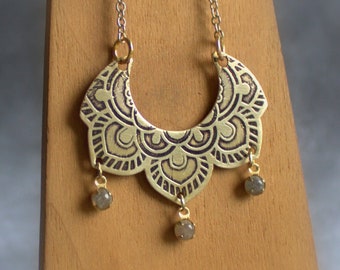 Labradorite Mandala Necklace - Gemstone Drops, Floral Pendant, Grey Blue Stone, Etched Gold Brass, Oxidized Patina, Boho Metalwork Jewelry