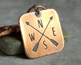 Compass Keychain - Etched Copper, Oxidized Patina, Wanderlust, Traveler KeyRing, Adventure Keyfob, Map Direction Arrows Weathervane