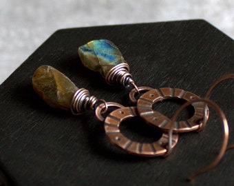 Zun Earrings - Rough Labradorite, Iridescent Gemstone, Asymmetrical Rustic Drops, Lined Dotted Copper Hoops, Oxidized Patina, Metalwork